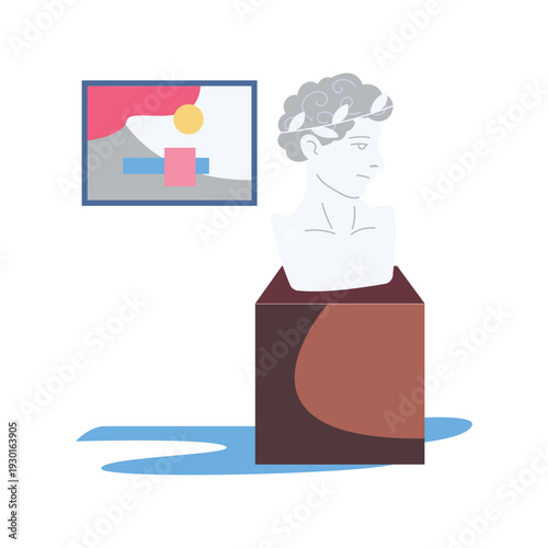 A sculpted bust of a man adorned with an image, highlighting a unique artistic expression