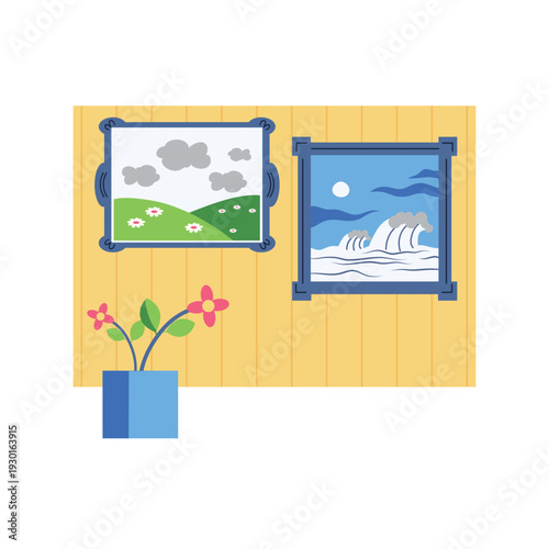 A decorative vase with blooming flowers beside a framed painting on the wall.