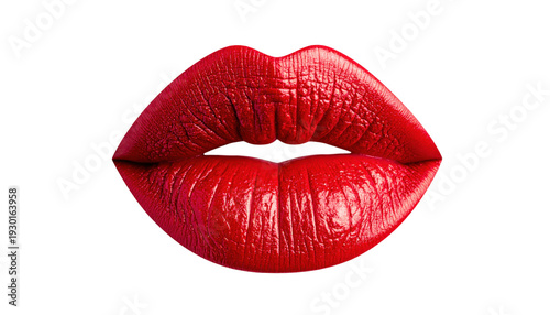 Close-Up of Vibrant Red Glossy Lips on Transparent Background Showcasing Beauty and Glamour