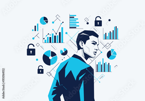 Businessman profile with floating financial charts and security icons