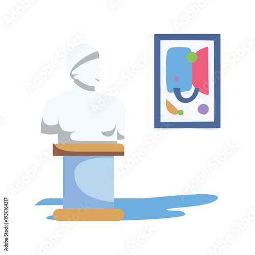 A statue of a man stands behind a podium, with a colorful painting displayed on the wall behind him.