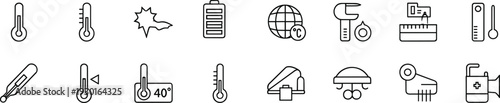 Temperature Measurement and Medical Equipment Line Icon Set Thermometer Weather and Healthcare Vector Illustration