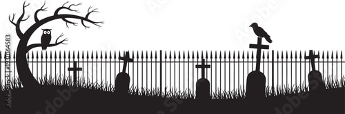 black silhouette of a graveyard with birds on a fence