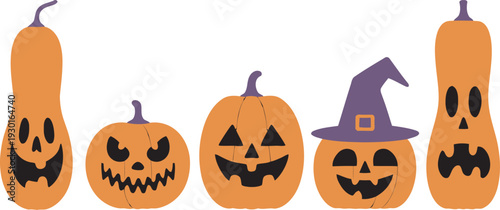 halloween pumpkins with different faces and one with a hat