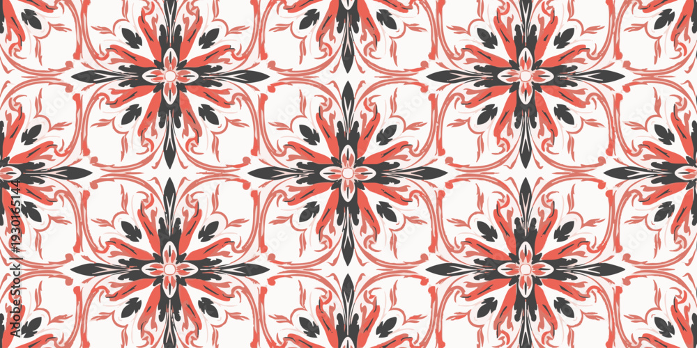 Fototapeta premium Intricate floral pattern illustration featuring symmetrical designs and vibrant colors from a close-up viewpoint