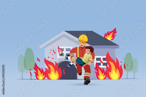 Firefighter man holding little boy in arms running out from fire burning house, flaming around. Vector.
