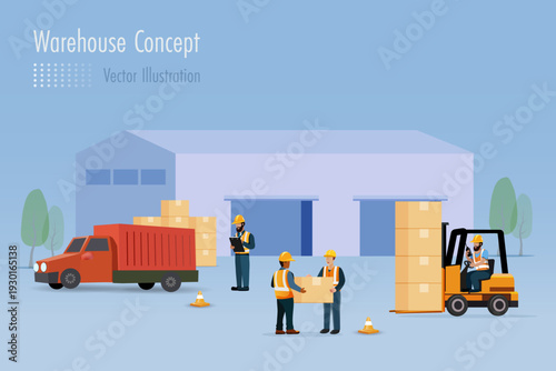Warehouse workers and forklift truck organized carton boxes in front of warehouse buildings. Warehouse and Logistic management concept. Vector.