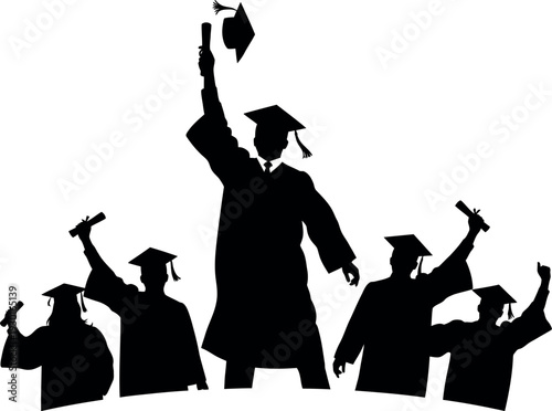 Group of graduates celebrating with silhouette of students in academic regalia