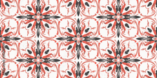 Intricate floral pattern illustration featuring symmetrical designs and vibrant colors from a close-up viewpoint