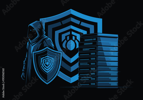 Cyber security illustration with hooded figure shield and server rack