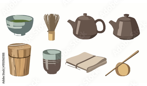 Japanese retro tea ceremony vector icons set with teaware and accessories