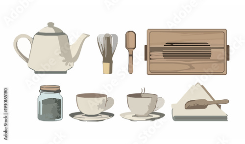 Retro tea ceremony vector set with vintage teapots, cups, and utensils