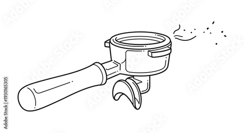 Espresso machine portafilter with coffee grounds and steam, line art illustration