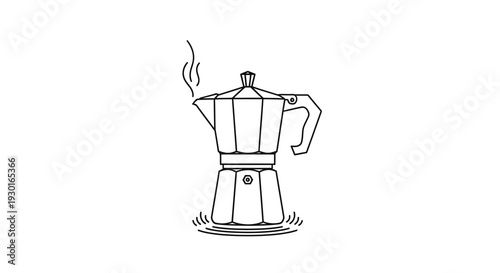 Espresso Moka Pot Steaming Coffee on White Background, Line Art Illustration