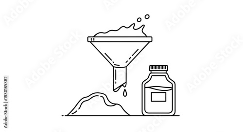 Filtration Process: Pouring Liquid Through Funnel into Bottle, Creating Powder Heap