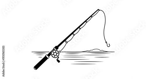 Fishing Rod and Reel on Water with Island Silhouette - Vector Illustration