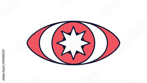 Stylized graphic illustration of a human eye with a vibrant red iris and a white eight pointed star in the center for mystical themes.