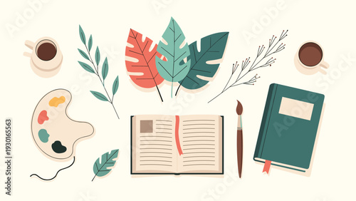 Flat lay illustration of an artist workspace containing a palette, open book, paintbrush, coffee cups, and leaves for creative themes.
