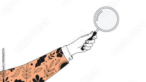 Hand wearing a floral patterned sleeve holding a magnifying glass to symbolize searching, discovery, investigation, and research.