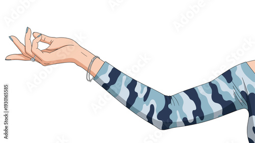 Illustration of a woman's arm and hand reaching out while wearing a blue camouflage patterned long sleeve top for fashion design themes.