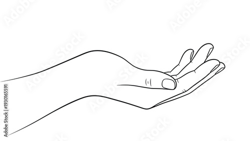 Simple black and white line drawing of a human hand held open with the palm facing upwards in a receiving or offering gesture on white.