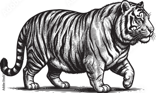 Vintage Woodcut Engraving of a Fat Tiger - Side View Vector Illustration