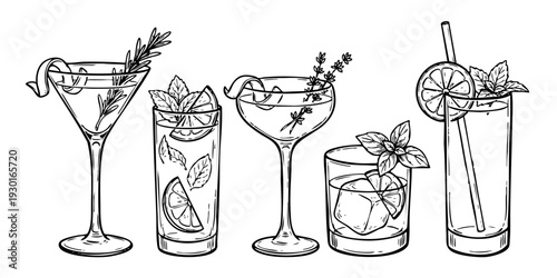 Cocktail glasses and tumblers with assorted garnishes, drinks, and mixers in various styles illustrated on a clean background