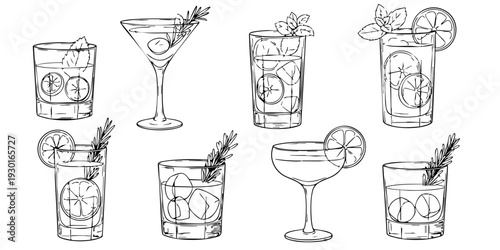A collection of hand-drawn cocktail glasses filled with various drinks and garnishes from a straightforward view