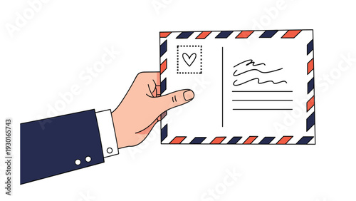 Business person in a dark blue suit holding an airmail envelope with stripes and a heart stamp on a clean white space.