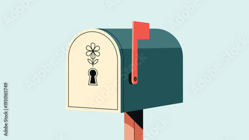 Creative dark green mailbox featuring a decorative flower and a keyhole on its front panel against a light blue sky.