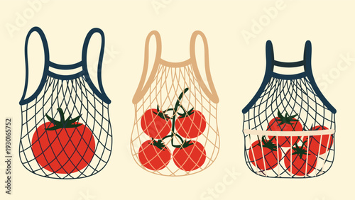 Three eco friendly mesh shopping bags filled with fresh red tomatoes presented on a pale yellow background surface.