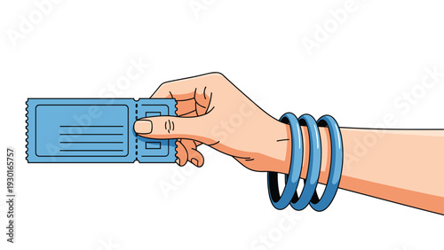 Female hand wearing three blue bracelets holding a blue ticket or coupon isolated on a plain white background area.