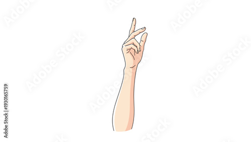 Slender human arm and hand reaching vertically upward with fingers slightly spread against a plain white background.