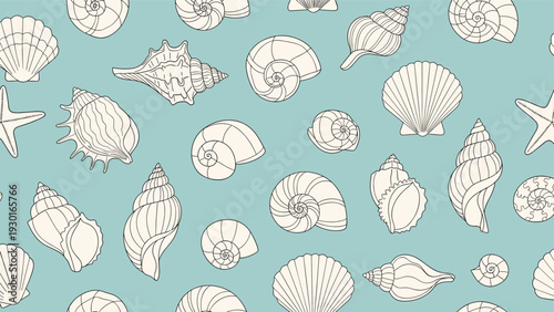 Seamless pattern of various detailed sea shells and starfish scattered over a light teal blue background for beach themes.