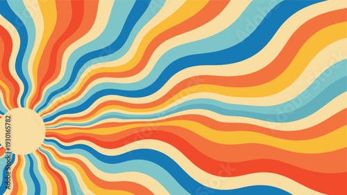 Vibrant retro background with wavy rays in orange red yellow and blue colors radiating from a sun circle on the left side.