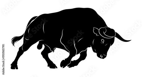 Black Bull Silhouette Charging Forward.