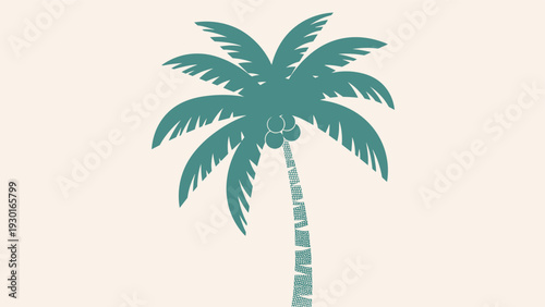 Beautiful stylized green palm tree with coconuts stands tall against a pale pink background in a minimalist tropical design illustration.