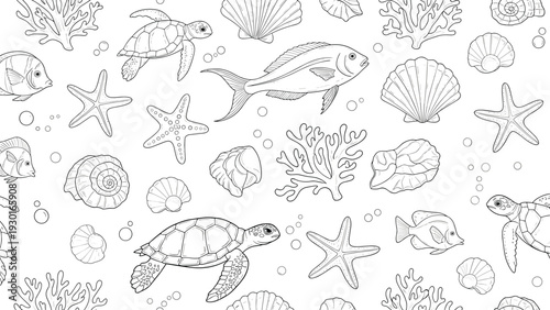 Detailed black and white pattern featuring turtles, fish, starfish, seashells, and coral in a marine life illustration.