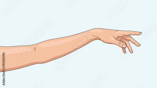 Realistic illustration of a human arm and hand reaching forward with fingers slightly spread against a pale blue backdrop.