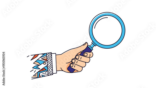 Hand with a decorative patterned sleeve holding a blue magnifying glass horizontally in a gesture of scrutiny or finding on white.