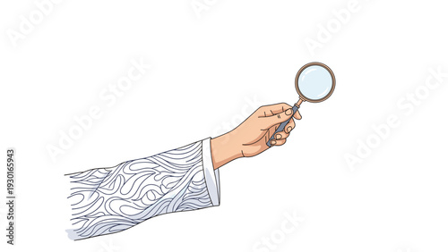 Person with a patterned sleeve holding a magnifying glass at an angle as if searching for something on white.