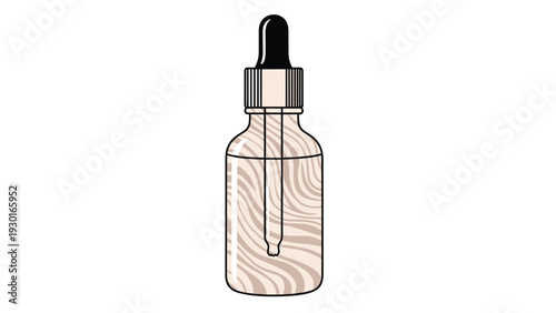 Glass dropper bottle filled with a light liquid featuring a marble like pattern for beauty and skincare products on white.