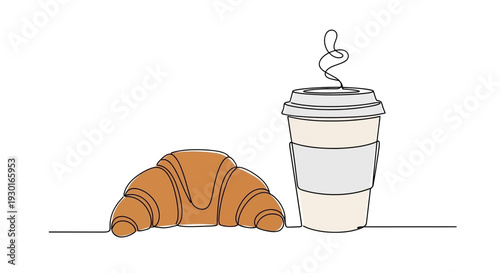 Minimalist line art of a croissant and a coffee cup with steam, isolated on white background.
