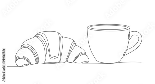 Minimalist line art of a croissant and a coffee cup, breakfast, simple, clean, elegant