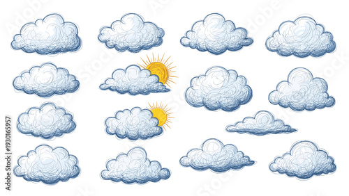 Large collection of diverse cloud shapes and types in a blue sketchy style with a few suns peeking out on white.