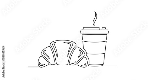Minimalist line art of a croissant and a steaming coffee cup, perfect for breakfast or cafe themes.