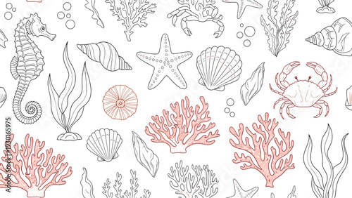 Detailed pattern featuring pink coral reefs, seahorses, crabs, and seashells in a delicate line art marine illustration.