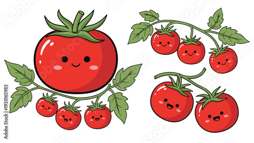 Collection of bright red tomatoes on green vines with friendly smiling faces in various sizes and arrangements on white.