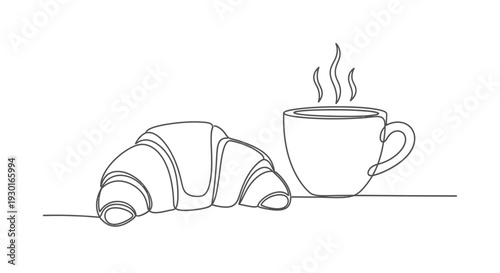 Minimalist line art of a croissant and a steaming cup of coffee, breakfast concept