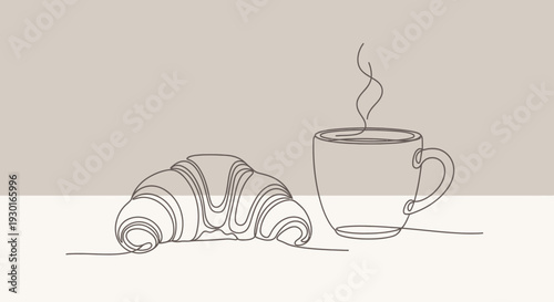 Minimalist line art of a croissant and a steaming cup of coffee on a neutral background.